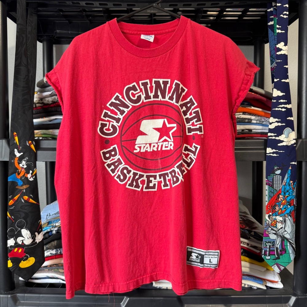 90s Red Cincinnati Basketball Starter Cutoff Tee Large Light Distressing